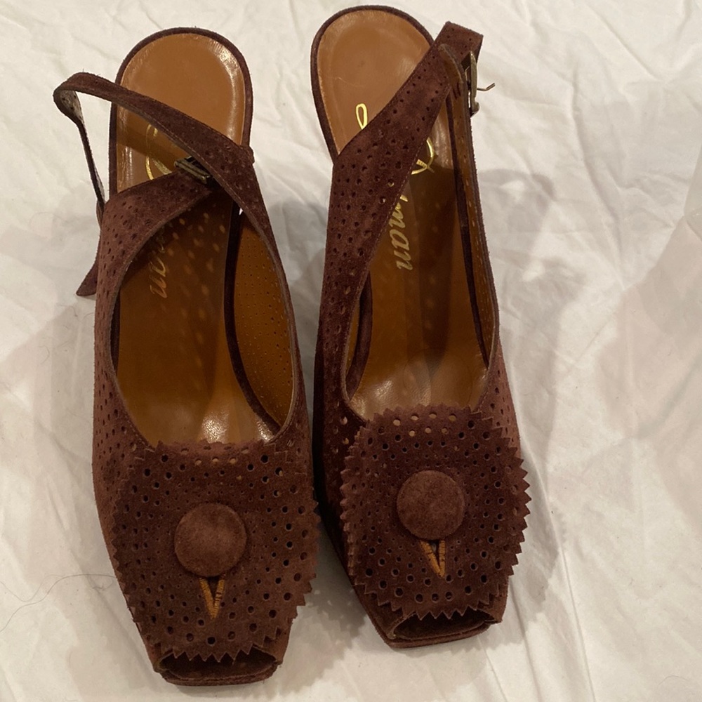 Delman sling back brown suede heels